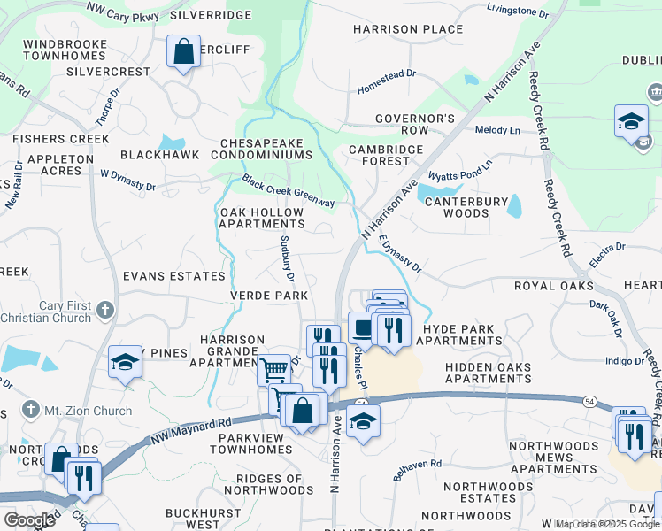map of restaurants, bars, coffee shops, grocery stores, and more near 160 Wards Ridge Drive in Cary