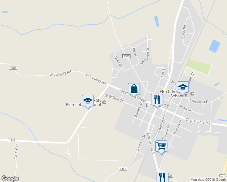 map of restaurants, bars, coffee shops, grocery stores, and more near 615 West Main Street in Elm City