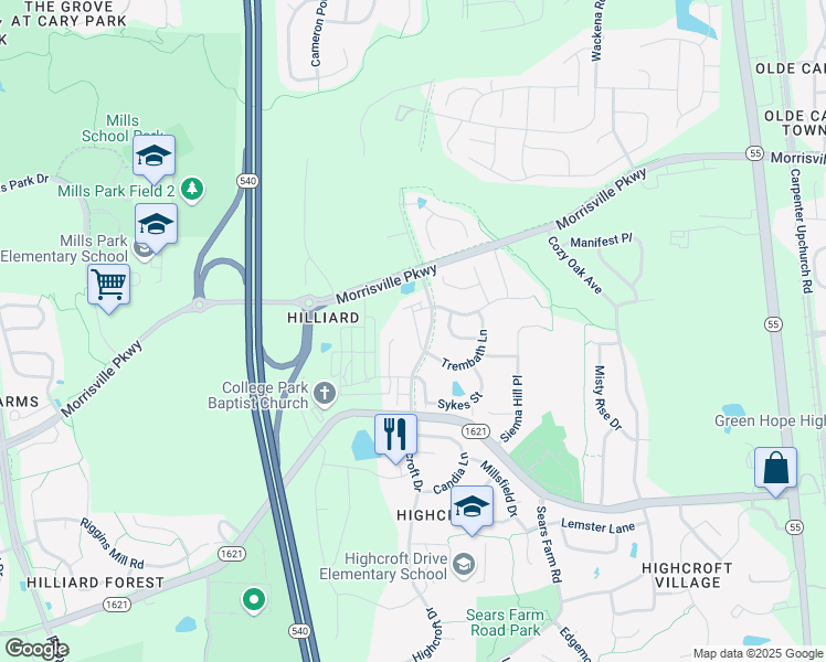 map of restaurants, bars, coffee shops, grocery stores, and more near 5319 Cambridgeshire Loop in Cary
