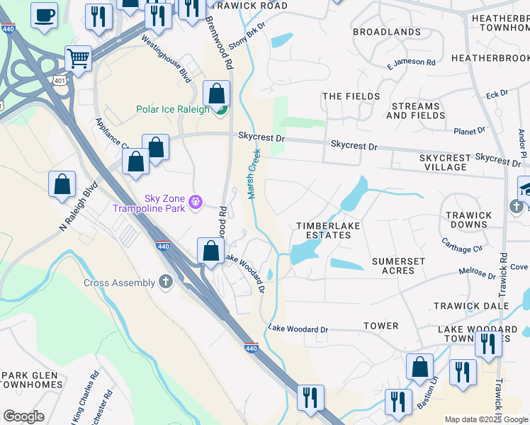 map of restaurants, bars, coffee shops, grocery stores, and more near 2107 Langdon Drive in Raleigh
