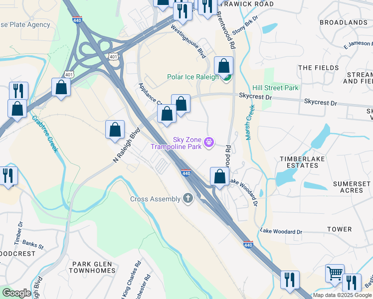 map of restaurants, bars, coffee shops, grocery stores, and more near 2539 Noblin Road in Raleigh