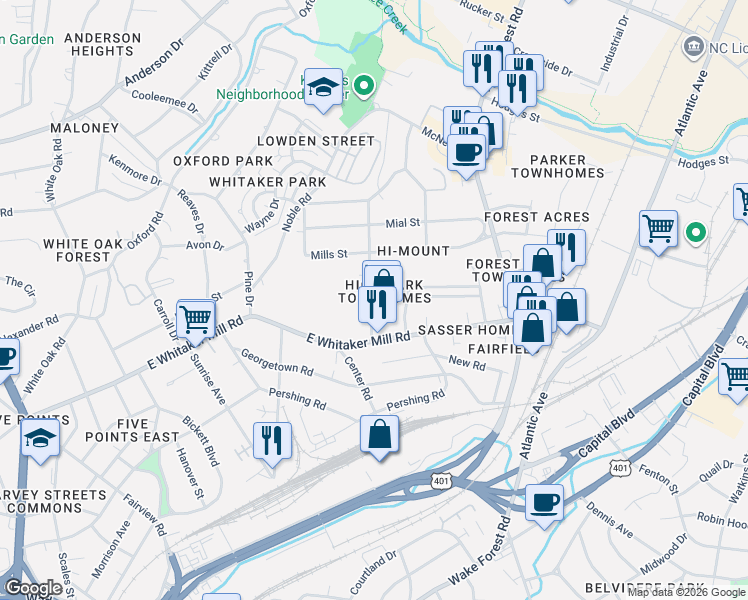 map of restaurants, bars, coffee shops, grocery stores, and more near 1921 Bernard Street in Raleigh