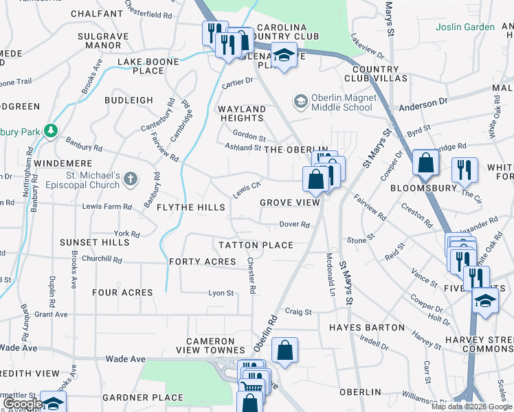 map of restaurants, bars, coffee shops, grocery stores, and more near 2626 Dover Road in Raleigh
