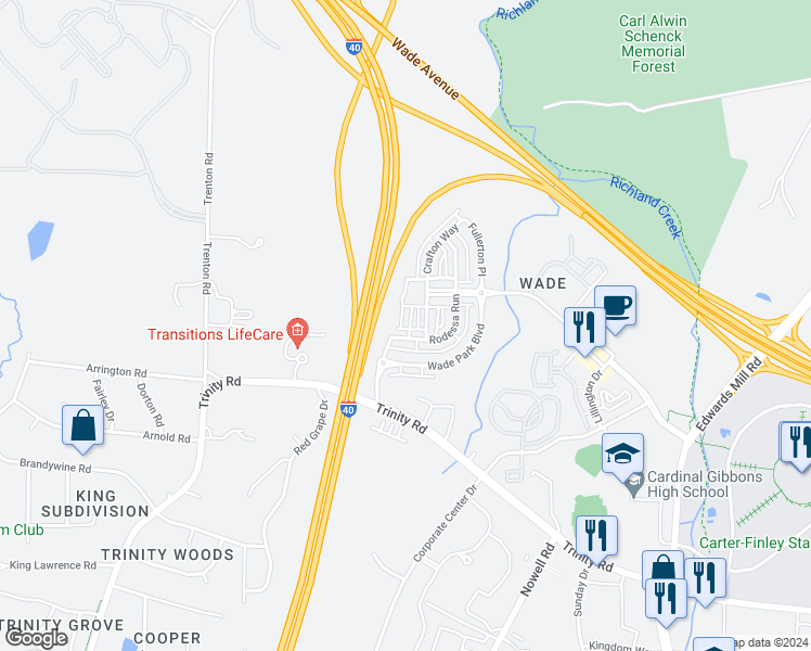 map of restaurants, bars, coffee shops, grocery stores, and more near 1411 Ardara Lane in Raleigh