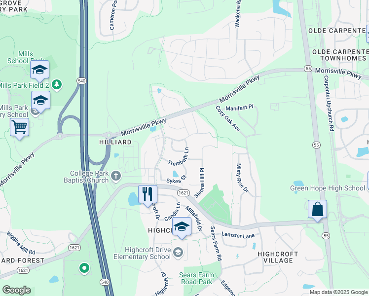 map of restaurants, bars, coffee shops, grocery stores, and more near 5245 Shergold Street in Cary