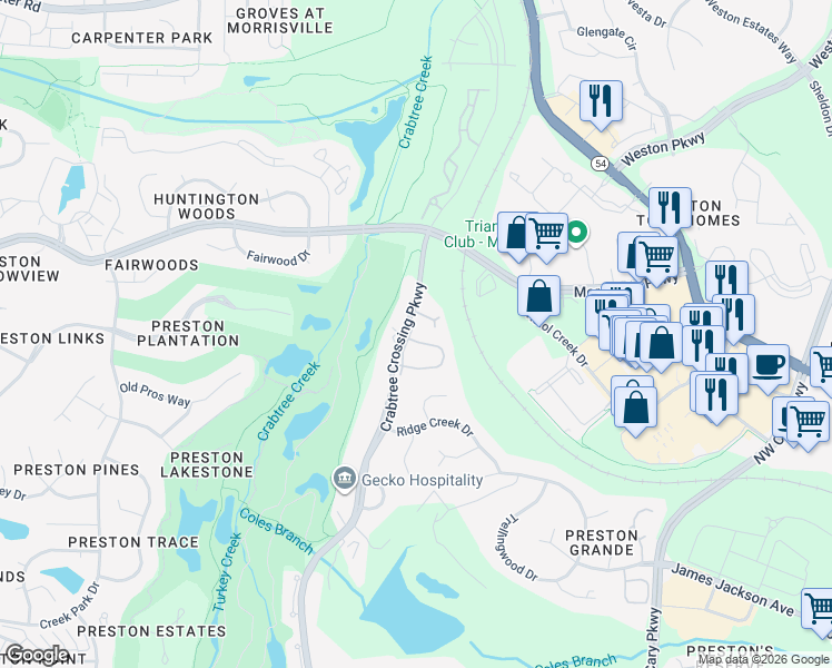 map of restaurants, bars, coffee shops, grocery stores, and more near 800 Kirkeenan Circle in Morrisville