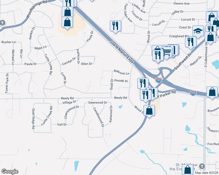 map of restaurants, bars, coffee shops, grocery stores, and more near 3024 Quail Drive in Jonesboro