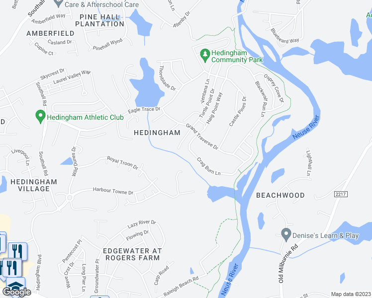 map of restaurants, bars, coffee shops, grocery stores, and more near 1905 Crag Burn Lane in Raleigh