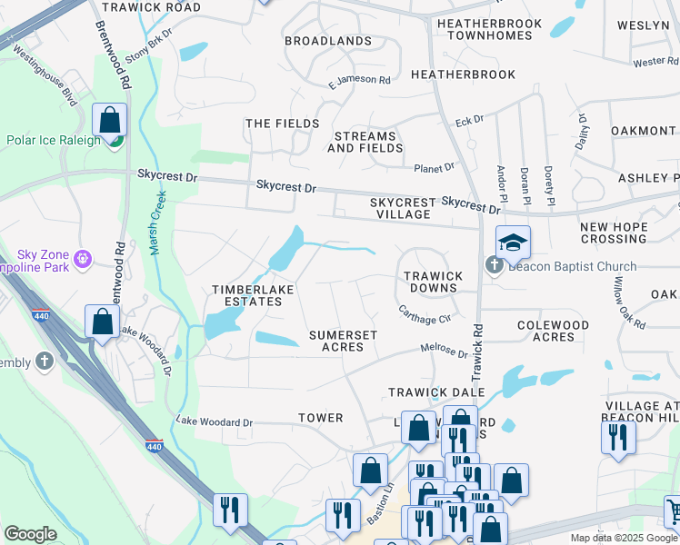 map of restaurants, bars, coffee shops, grocery stores, and more near 3415 Piedmont Drive in Raleigh