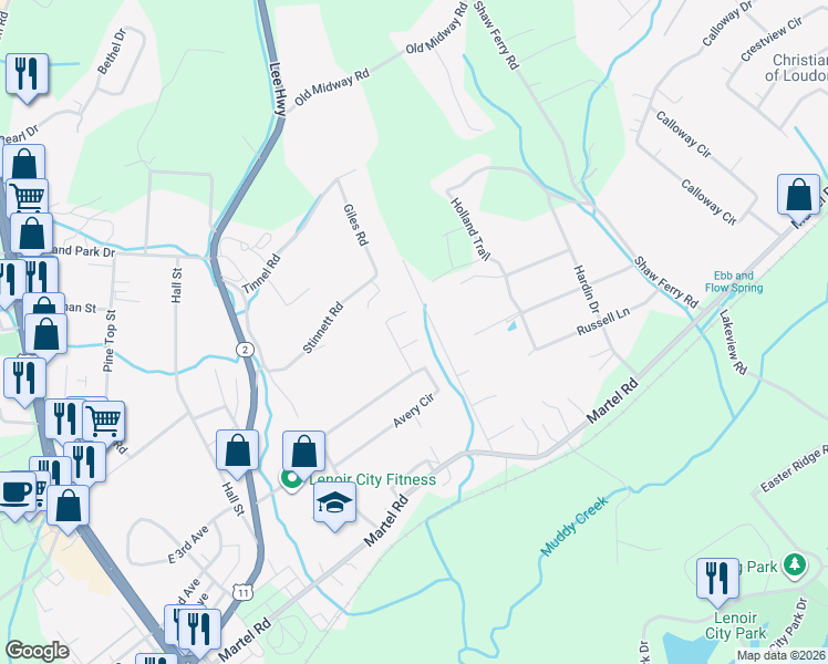 map of restaurants, bars, coffee shops, grocery stores, and more near 315 James Drive in Lenoir City