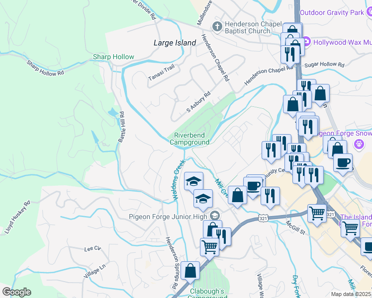map of restaurants, bars, coffee shops, grocery stores, and more near 300 Wears Valley Road in Pigeon Forge