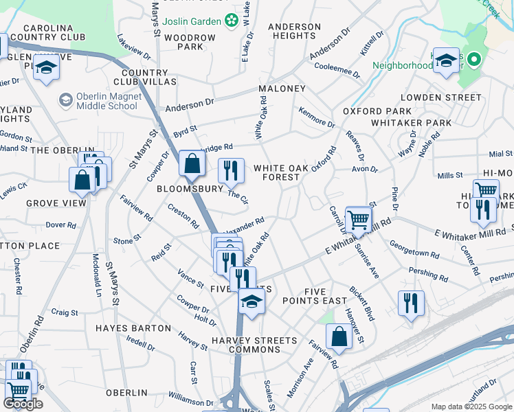 map of restaurants, bars, coffee shops, grocery stores, and more near 2232 The Circle in Raleigh