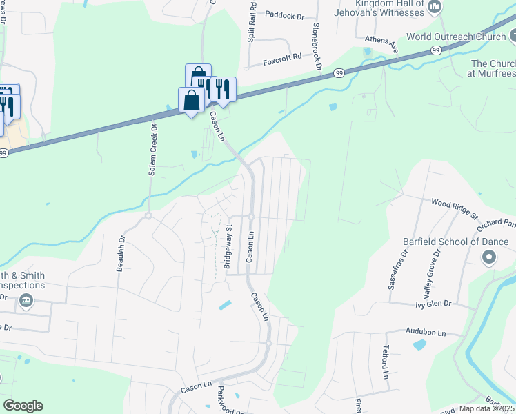 map of restaurants, bars, coffee shops, grocery stores, and more near 2171 Cason Lane in Murfreesboro