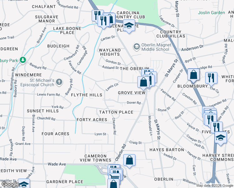 map of restaurants, bars, coffee shops, grocery stores, and more near 2626 Dover Road in Raleigh