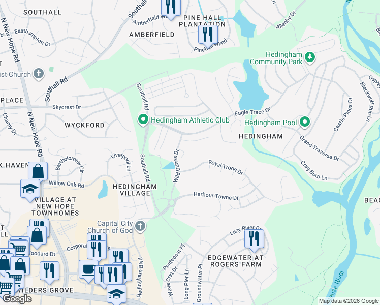 map of restaurants, bars, coffee shops, grocery stores, and more near 4913 Long Point Court in Raleigh