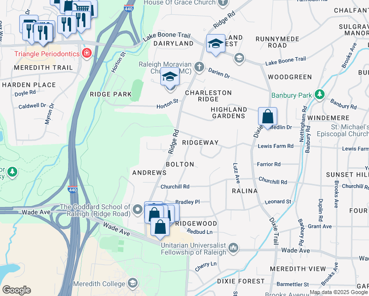 map of restaurants, bars, coffee shops, grocery stores, and more near 1531 Dellwood Drive in Raleigh