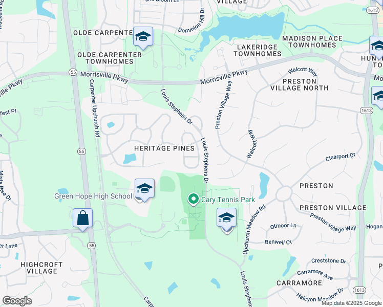 map of restaurants, bars, coffee shops, grocery stores, and more near 505 Quaker Dell Lane in Cary