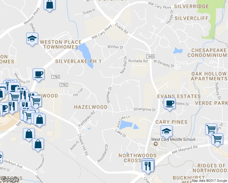 map of restaurants, bars, coffee shops, grocery stores, and more near 121 Ashley Glen Drive in Cary