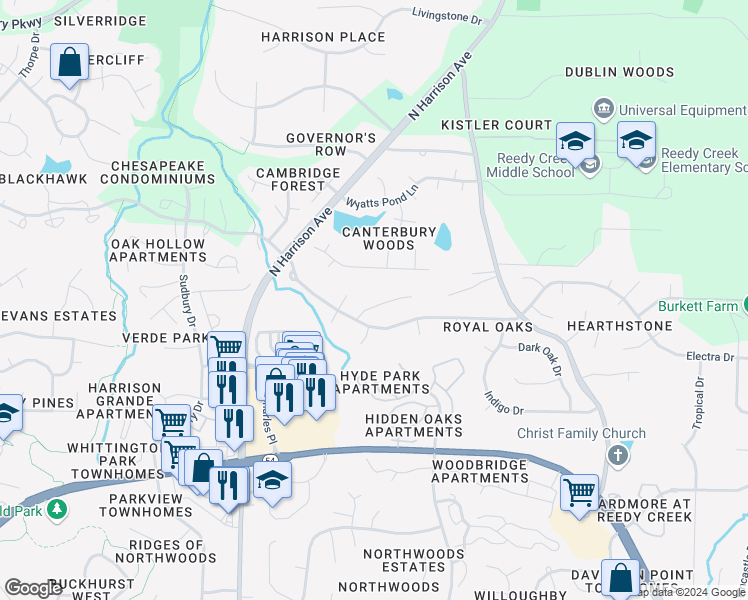 map of restaurants, bars, coffee shops, grocery stores, and more near 105 Esquire Lane in Cary