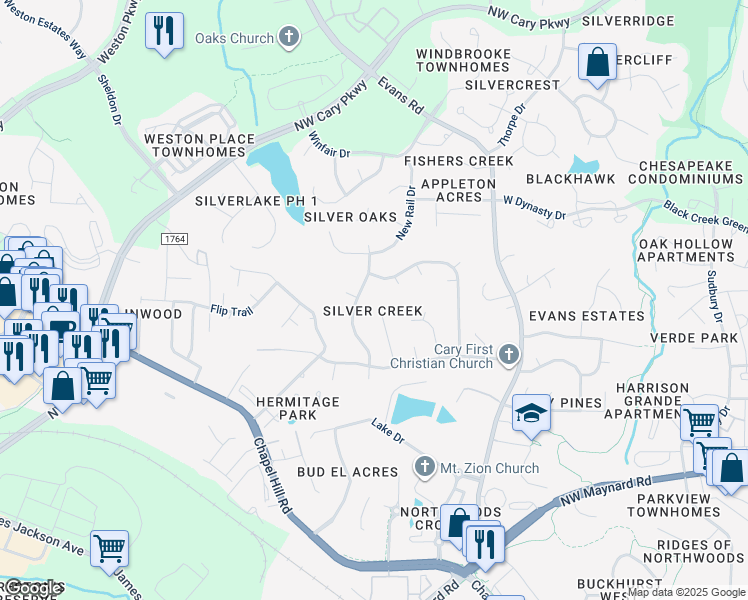 map of restaurants, bars, coffee shops, grocery stores, and more near 121 Ashley Glen Drive in Cary