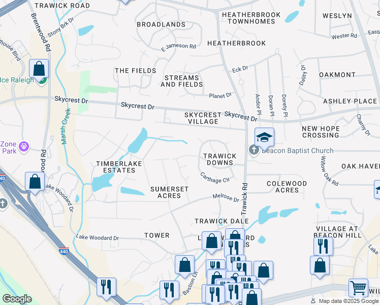 map of restaurants, bars, coffee shops, grocery stores, and more near 2020 Seneca Road in Raleigh