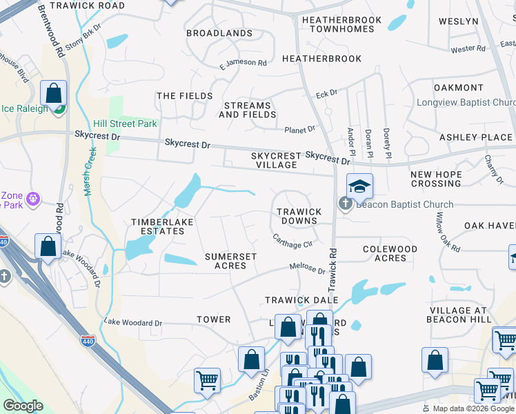 map of restaurants, bars, coffee shops, grocery stores, and more near 2020 Seneca Road in Raleigh