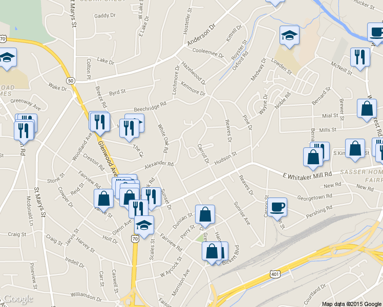map of restaurants, bars, coffee shops, grocery stores, and more near 2206 Alexander Road in Raleigh