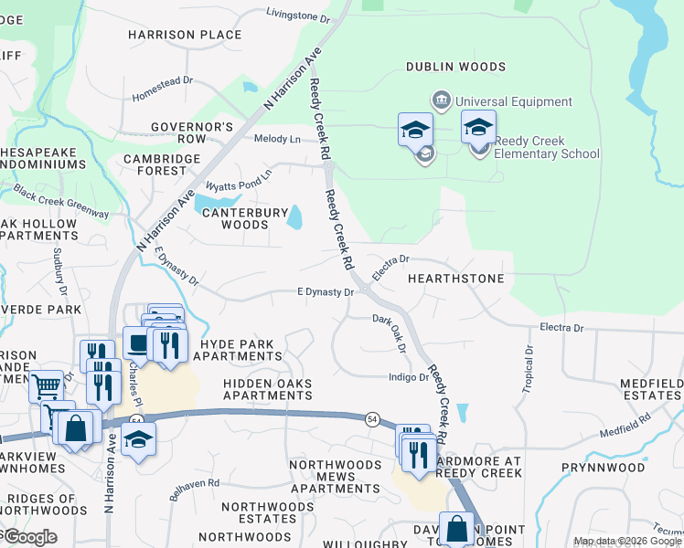 map of restaurants, bars, coffee shops, grocery stores, and more near 609 East Dynasty Drive in Cary