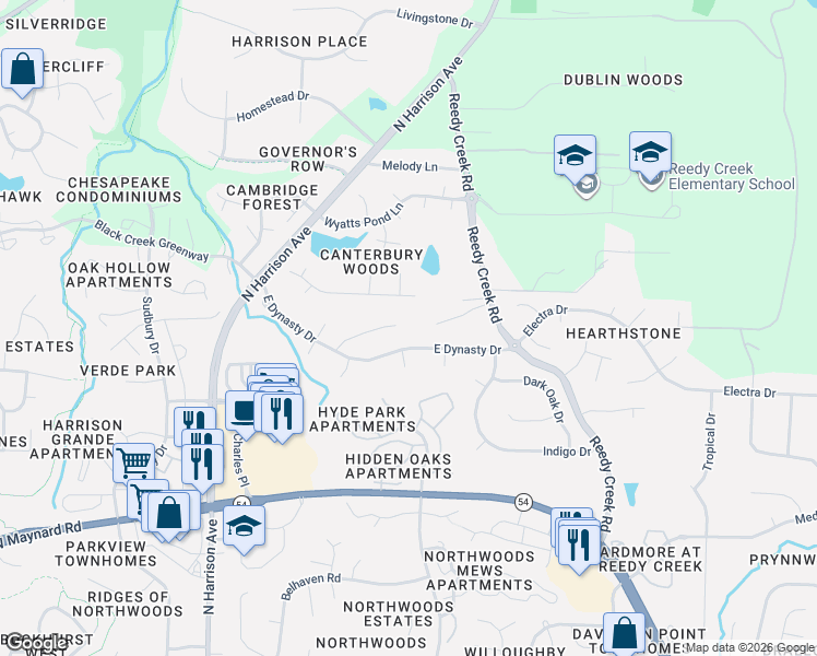 map of restaurants, bars, coffee shops, grocery stores, and more near 413 East Dynasty Drive in Cary