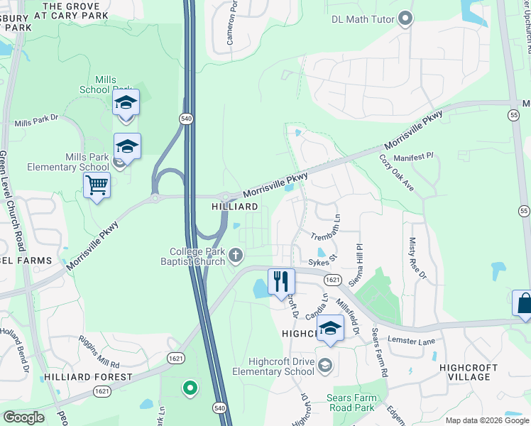 map of restaurants, bars, coffee shops, grocery stores, and more near 7216 Green Hope School Road in Cary