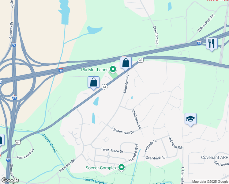 map of restaurants, bars, coffee shops, grocery stores, and more near 2407 Simonton Road in Statesville