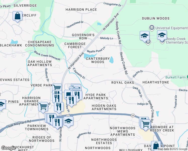 map of restaurants, bars, coffee shops, grocery stores, and more near 105 Esquire Lane in Cary