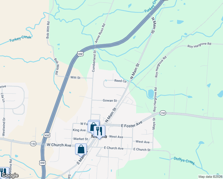 map of restaurants, bars, coffee shops, grocery stores, and more near 124 Reed Circle in Medina