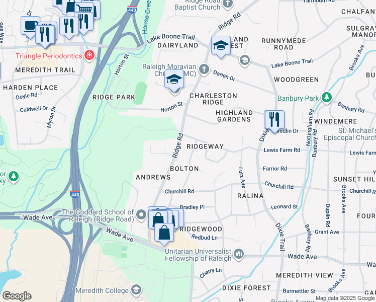 map of restaurants, bars, coffee shops, grocery stores, and more near 1531 Dellwood Drive in Raleigh