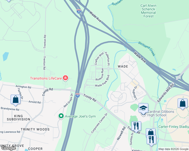 map of restaurants, bars, coffee shops, grocery stores, and more near 1404 Crafton Way in Raleigh
