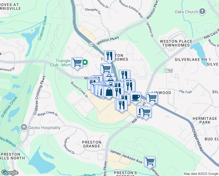 map of restaurants, bars, coffee shops, grocery stores, and more near 2100 Village Market Place in Morrisville