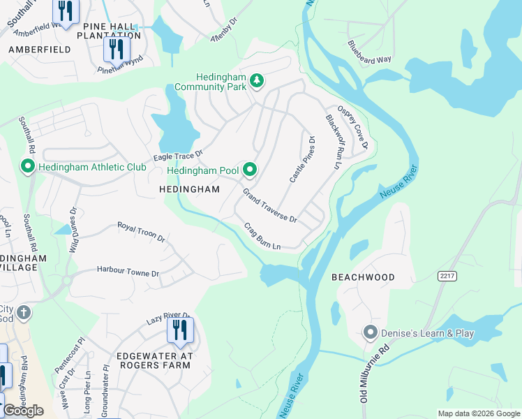 map of restaurants, bars, coffee shops, grocery stores, and more near 5452 Grand Traverse Drive in Raleigh
