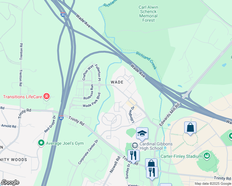 map of restaurants, bars, coffee shops, grocery stores, and more near 5481 Wade Park Boulevard in Raleigh