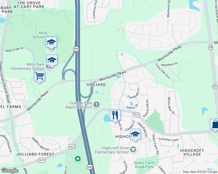 map of restaurants, bars, coffee shops, grocery stores, and more near 7216 Green Hope School Road in Cary