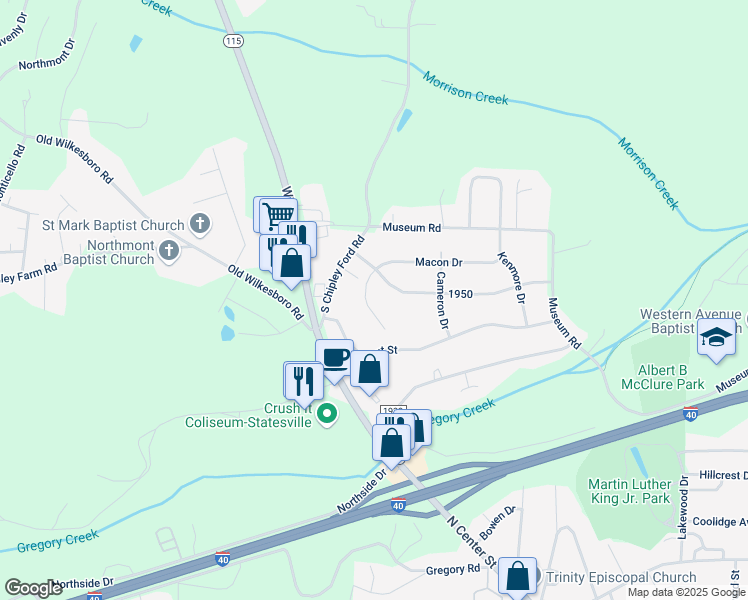 map of restaurants, bars, coffee shops, grocery stores, and more near 210 Macon Drive in Statesville