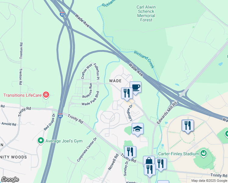 map of restaurants, bars, coffee shops, grocery stores, and more near 5453 Wade Park Boulevard in Raleigh