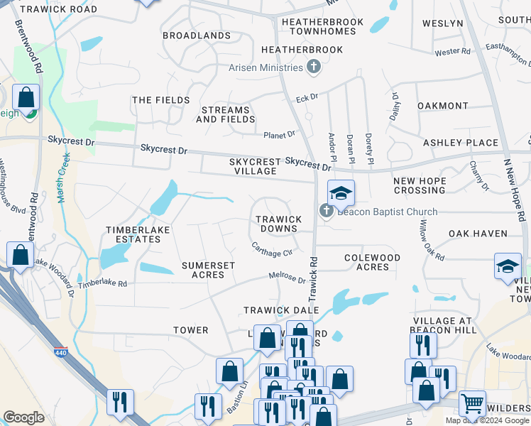 map of restaurants, bars, coffee shops, grocery stores, and more near 3512 Lytham Place in Raleigh