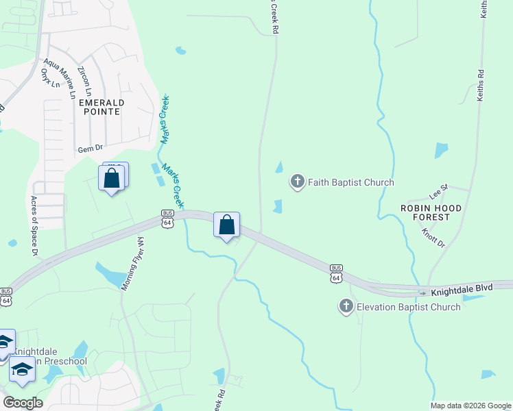 map of restaurants, bars, coffee shops, grocery stores, and more near 2719 Marks Creek Road in Knightdale