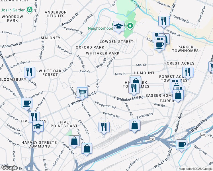 map of restaurants, bars, coffee shops, grocery stores, and more near 401 East Whitaker Mill Road in Raleigh