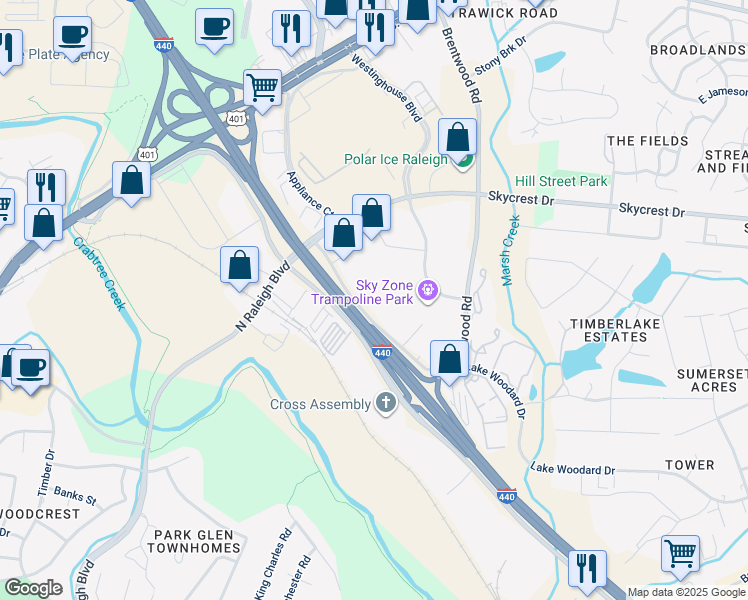 map of restaurants, bars, coffee shops, grocery stores, and more near 2539 Noblin Road in Raleigh
