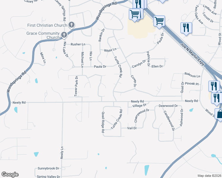 map of restaurants, bars, coffee shops, grocery stores, and more near 2925 Turtle Creek Road in Jonesboro