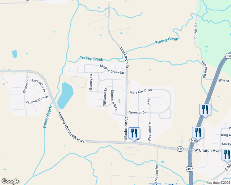 map of restaurants, bars, coffee shops, grocery stores, and more near 174 Stonecreek Lane in Medina