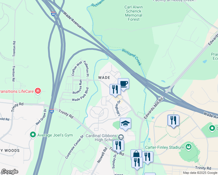 map of restaurants, bars, coffee shops, grocery stores, and more near Wade Park Boulevard in Raleigh