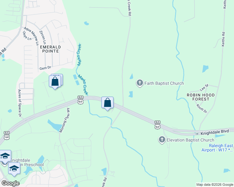 map of restaurants, bars, coffee shops, grocery stores, and more near 2719 Marks Creek Road in Knightdale