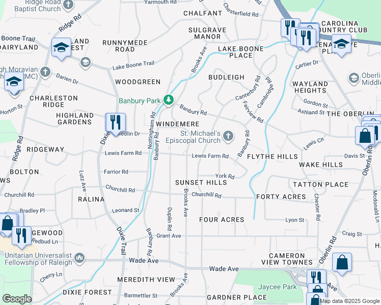 map of restaurants, bars, coffee shops, grocery stores, and more near 1431 Canterbury Road in Raleigh